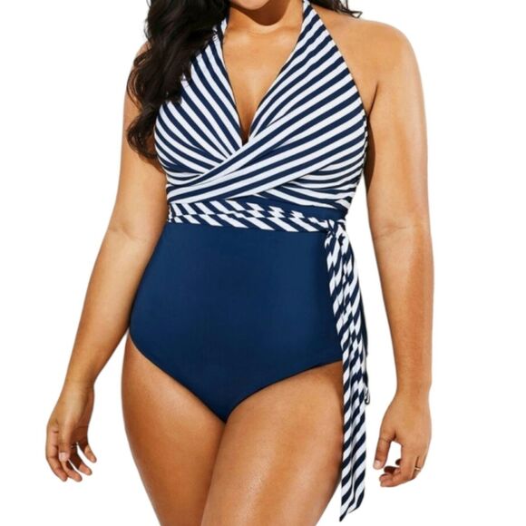 Meet Curve Swimsuit Womens Large Blue Fashion Faux Wrap Halter One Piece Stripes - Picture 3 of 10